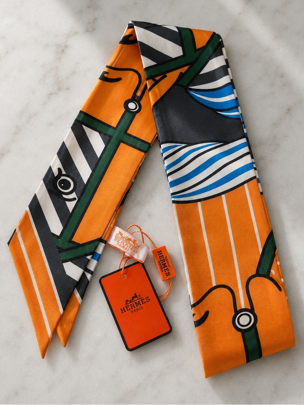 Hermès Quadrige Bayadere Twilly Silk Scarf Ocre Gris Vert NWT